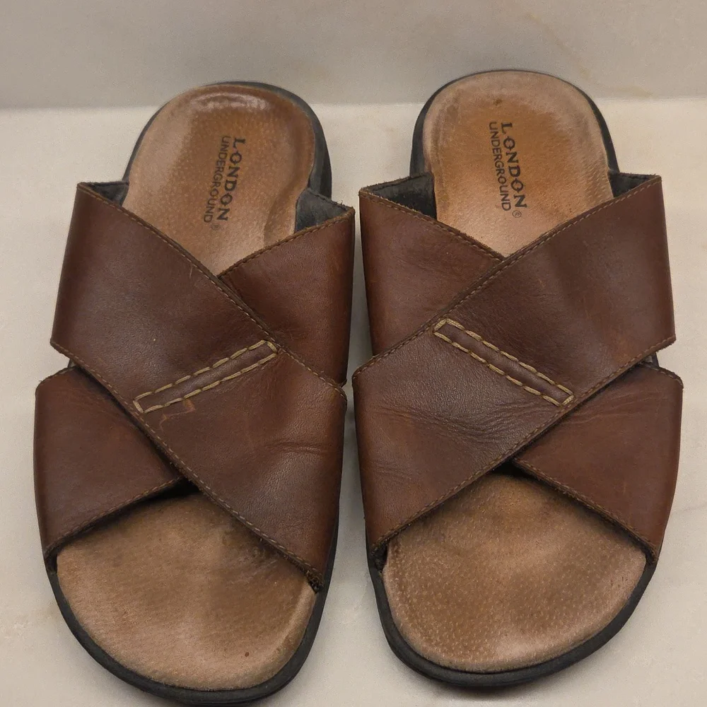 London Underground Holt Brown Leather Slide Sandals Sz 11